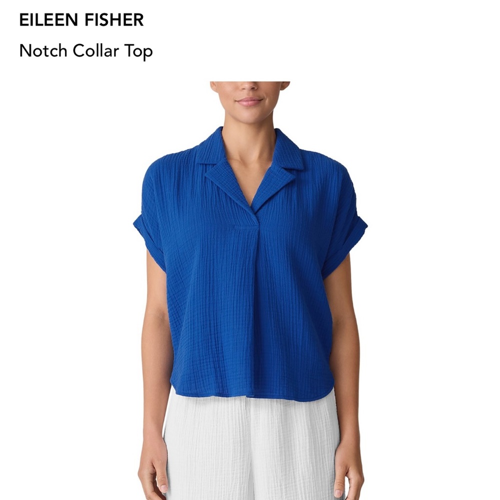 Eileen Fisher Women's Royal Blue Notch Collar Blouse 100% organic cotton